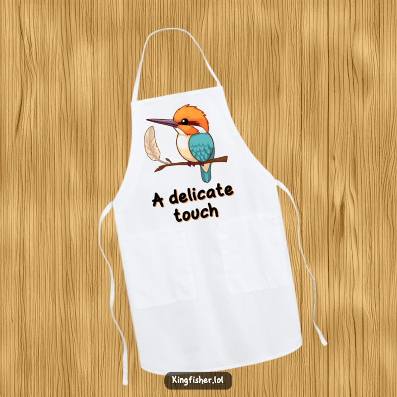 Funny Apron: A shy kingfisher bird offering a single, perfect feather, perfect for adding gentle humor to kitchen tasks.