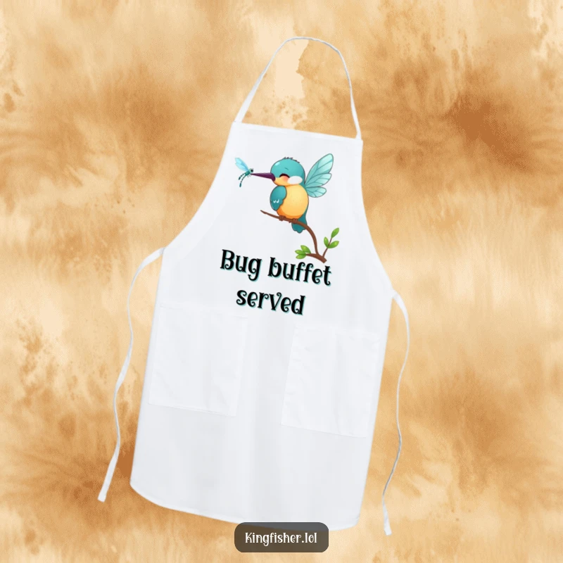 Funny Kingfisher Apron: A smiling kingfisher bird playfully pecks at a shimmering dragonfly, bringing kitchen fun.