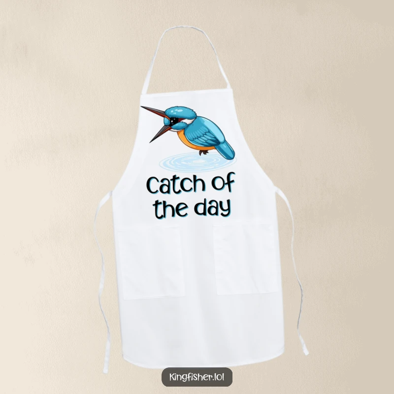 Funny Apron showing a small, blue kingfisher diving headfirst into shimmering water, perfect for adding nature flair to cooking.