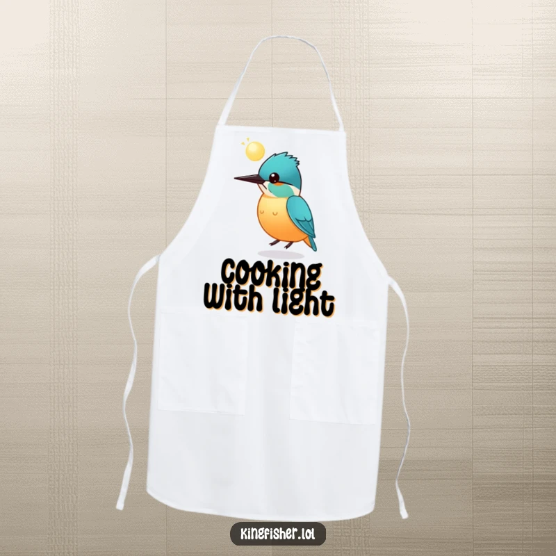 Funny round kingfisher apron, a bird bouncing a glowing sphere on its head, humorous kitchenware, great for cooking.