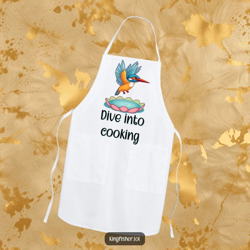 Funny Kingfisher Apron: A kingfisher taking flight from a lily pad, printed on a durable apron for a funny kitchen experience.