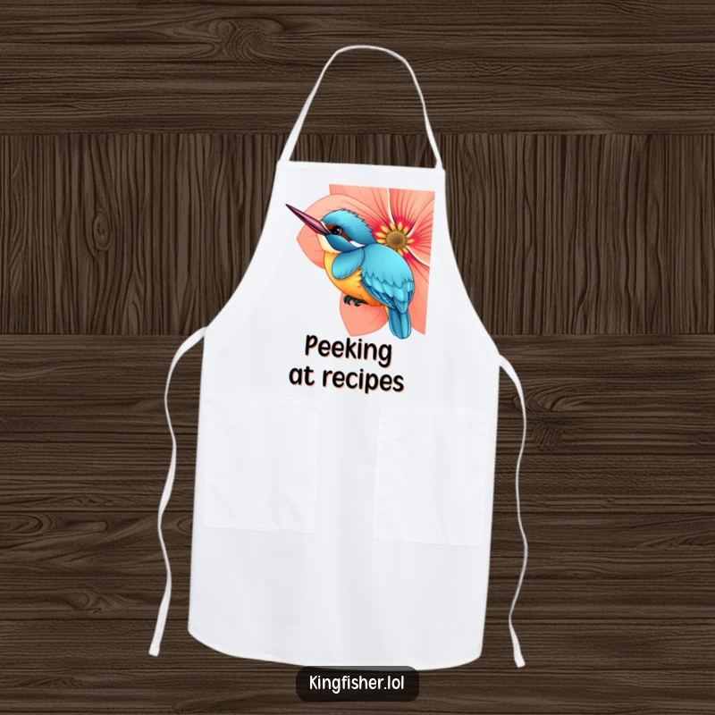 Funny apron with a curious kingfisher bird peeking from behind a bright flower, ideal for kitchen fun and protection.
