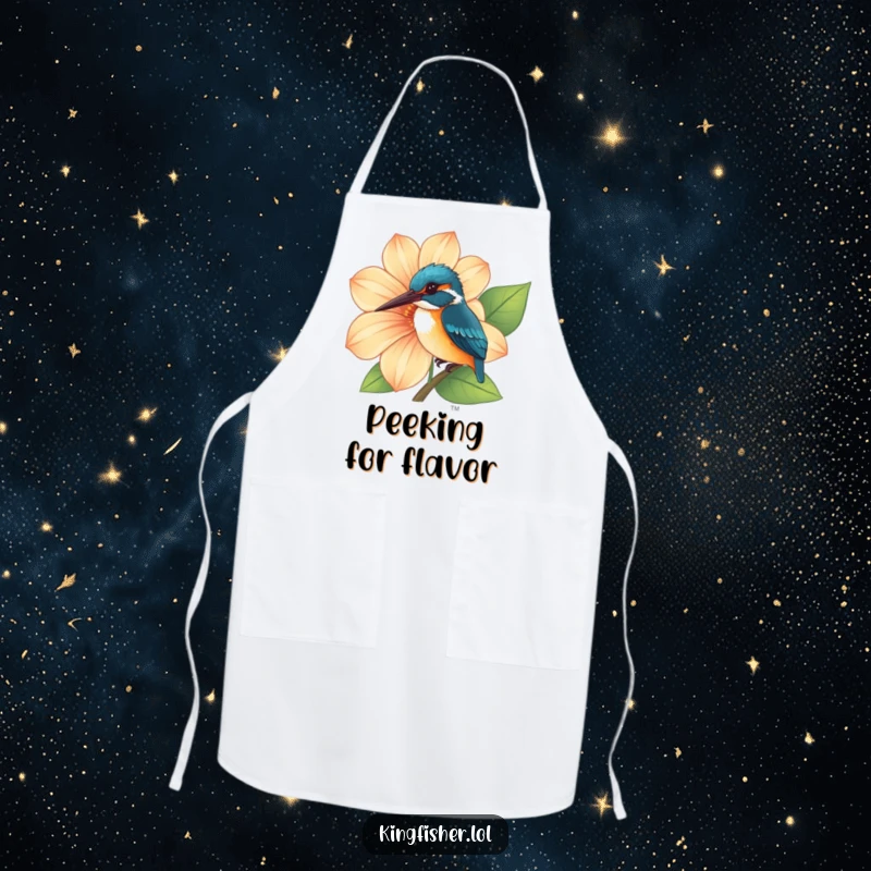 Funny Kingfisher Apron featuring a curious kingfisher peeking from behind a large, vibrant flower, ready for kitchen fun.