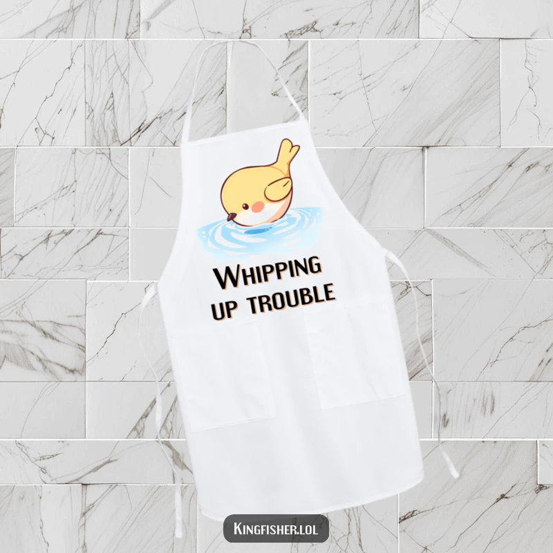 Funny Diving Bird Apron: A determined bird dives into shimmering blue water, adding funny flair. Great for funny cooking.
