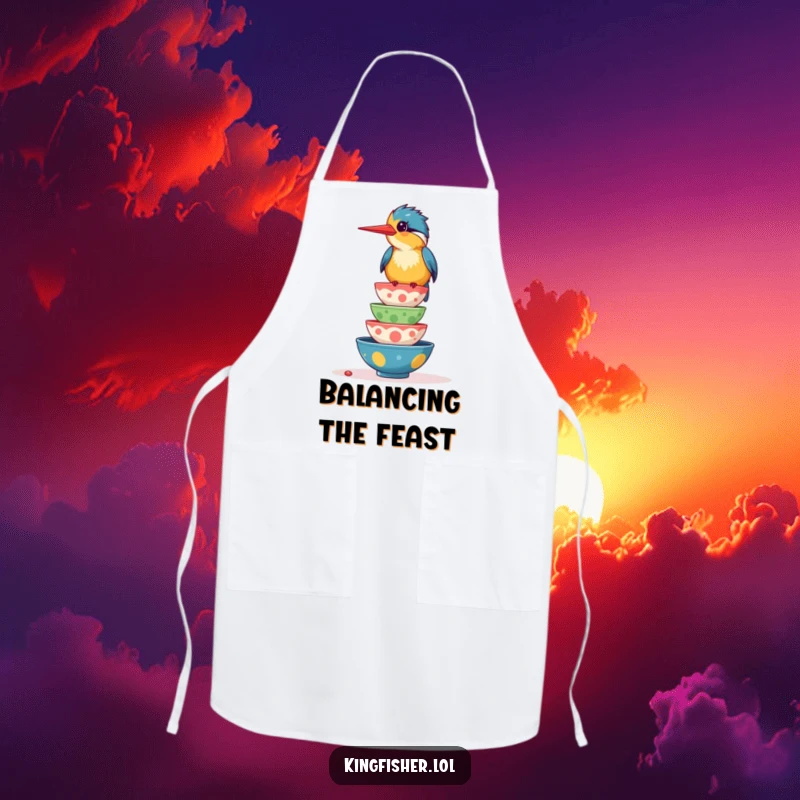Funny apron with a giggling kingfisher bird balancing a stack of colorful food bowls, ideal for kitchen fun.
