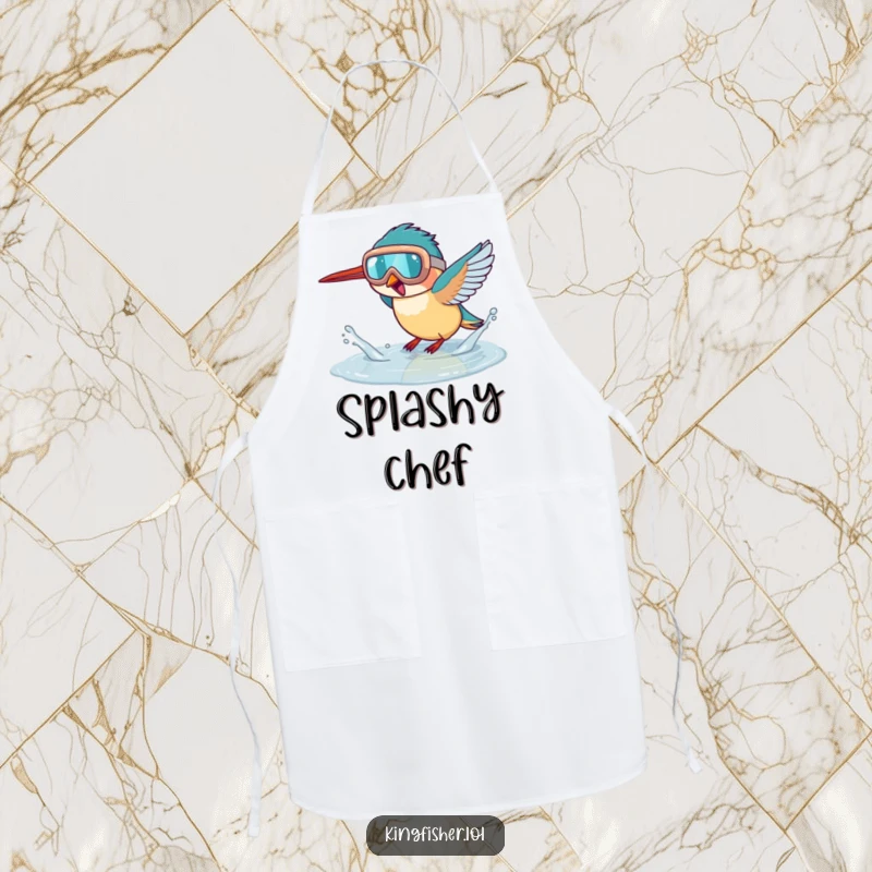 Funny kingfisher apron, a bird wearing goggles splashing in a puddle, humorous kitchenware, great for cooking.