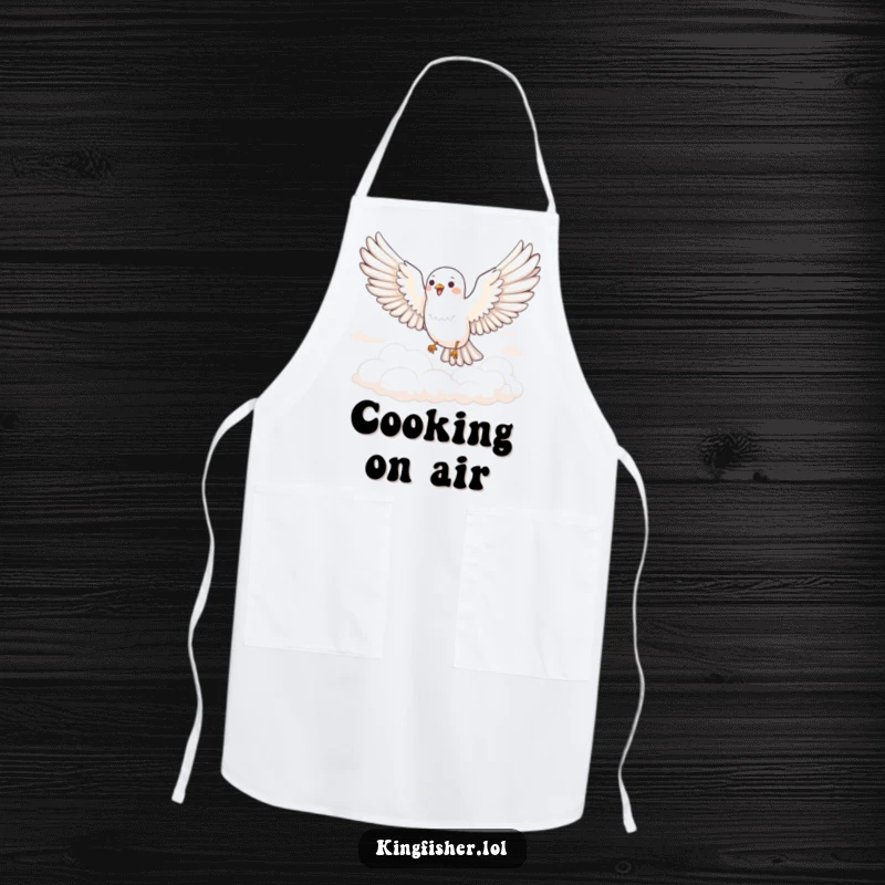 Funny Joyful Bird Apron: A bird with wings spread wide glides joyfully through fluffy clouds. A funny and practical kitchen accessory.