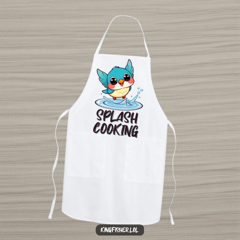 Funny Apron: A kawaii kingfisher bird with enormous happy eyes, diving headfirst into water, ready for kitchen adventures.