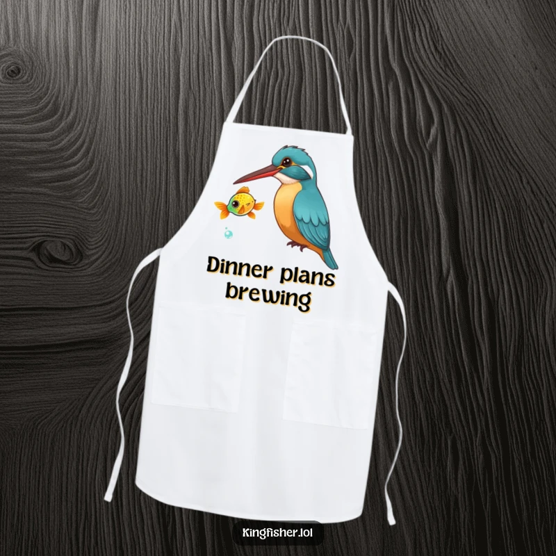 Funny Kingfisher Apron: A curious kingfisher bird tilts its head, watching a brightly colored fish swim by, kitchen intrigue.