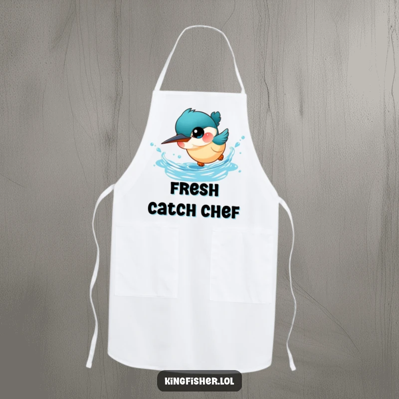 Funny Kingfisher Apron: A cute, big-eyed kingfisher bird dives stylishly into water, bringing humor to your kitchen.