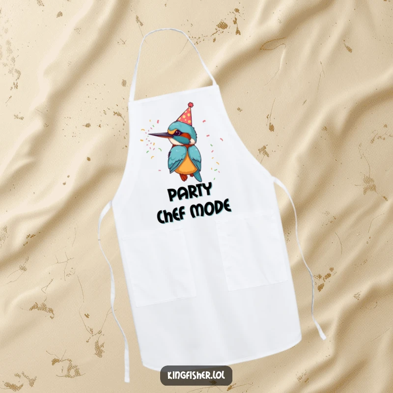 Funny kitchen apron with a kingfisher bird in a party hat, blasting confetti, ideal for party chefs.