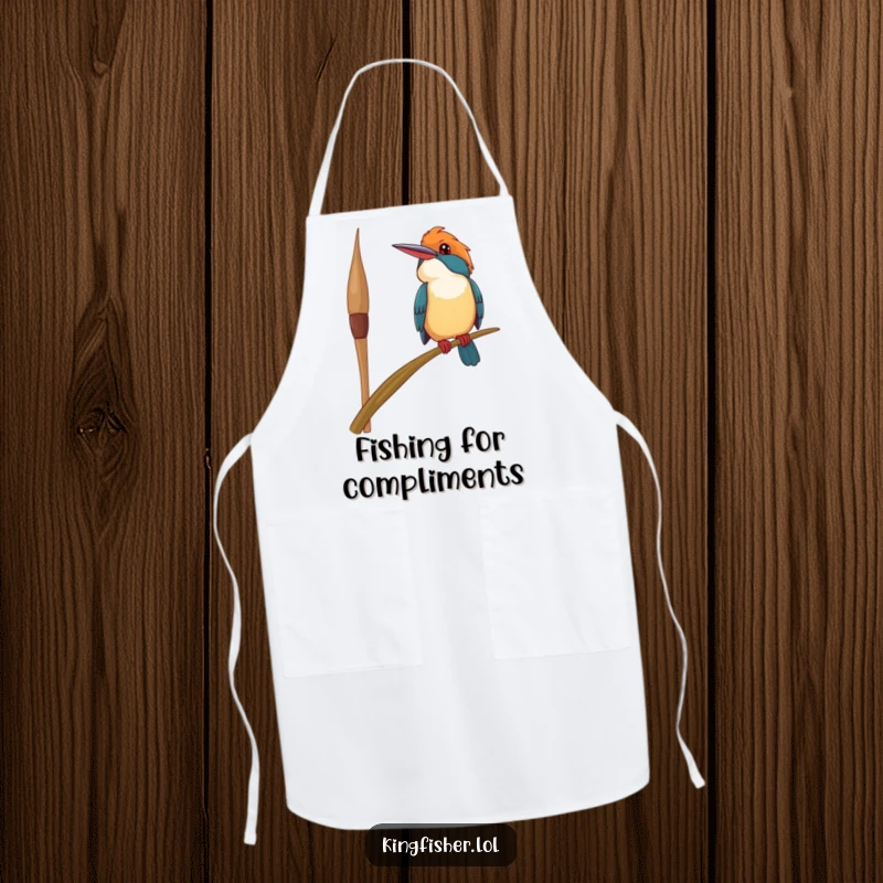 Funny happy kingfisher bird apron, perched precariously on a swaying reed, looking upwards with a smile, making kitchen tasks more humorous.