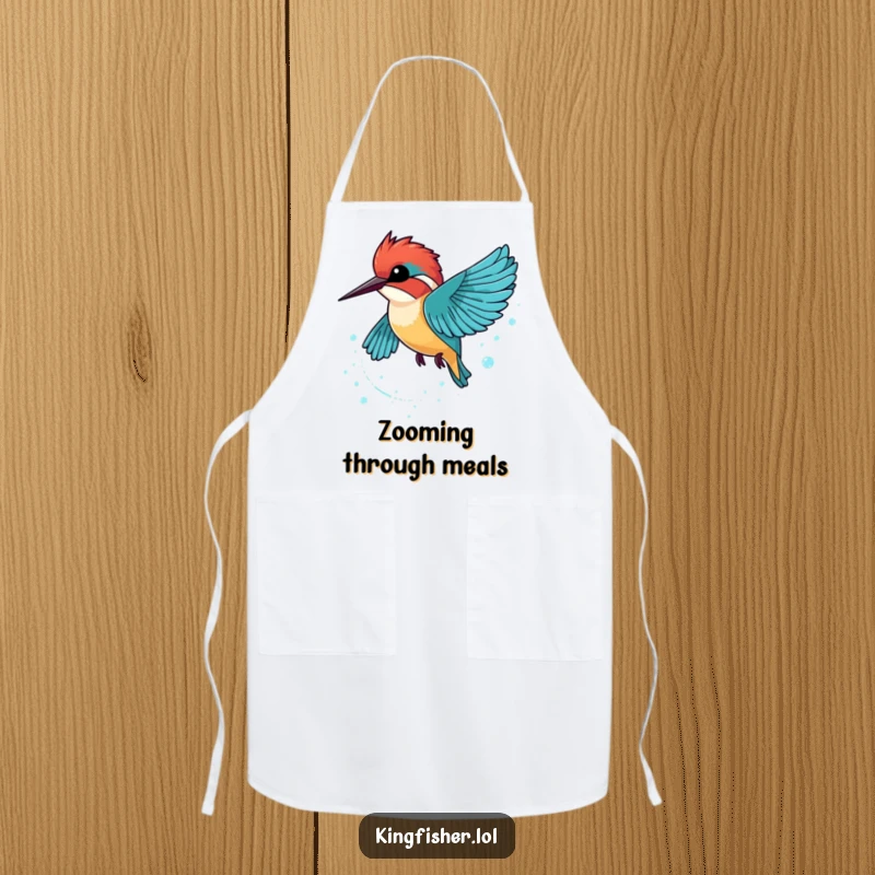 Funny Kingfisher Apron featuring a kingfisher zooming by, leaving a trail of sparkling bubbles, ready for cooking.