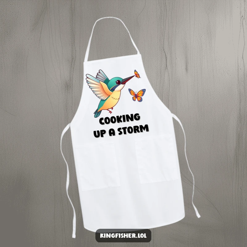 Funny Kingfisher Butterfly Apron: A humorous apron depicting a kingfisher with outstretched wings excitedly chasing a fluttering butterfly, perfect for a playful cook.