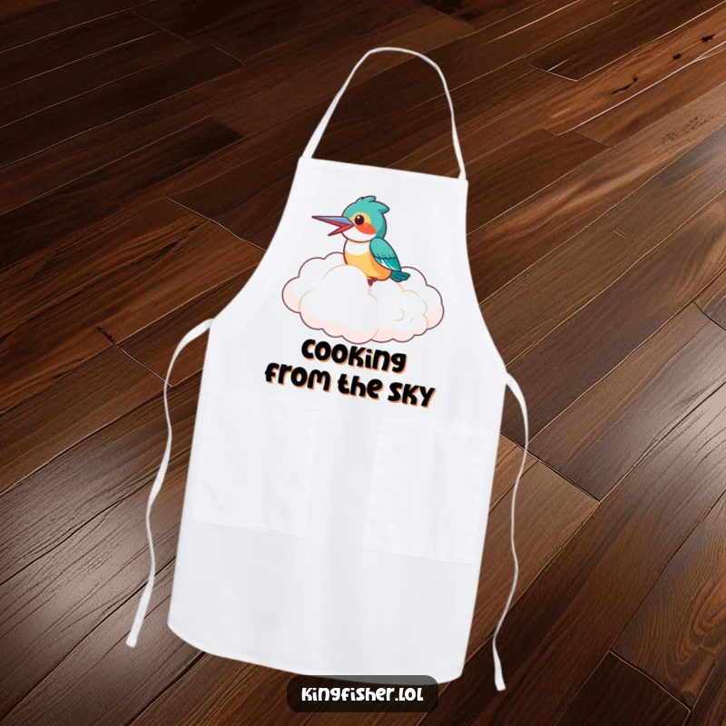 Funny Apron: A laughing kingfisher bird riding a fluffy cloud, perfect for adding airborne humor to kitchen tasks.