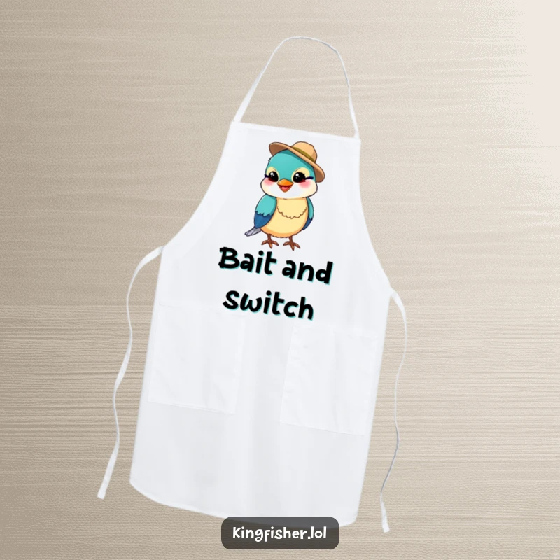 Funny kingfisher bird wearing a tiny fishing hat and a silly grin, on a durable apron, making cooking fun, a funny gift.
