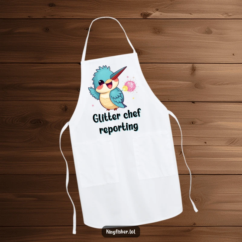 Funny Kingfisher Apron featuring a kawaii kingfisher preparing to throw a glitter bomb, looking mischievous.