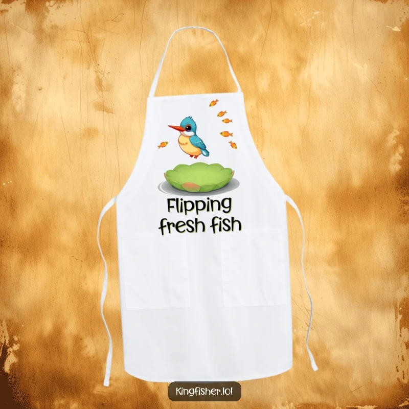 Funny Kingfisher Apron showing a happy kingfisher juggling small fish while balancing on a lily pad, ready to cook.