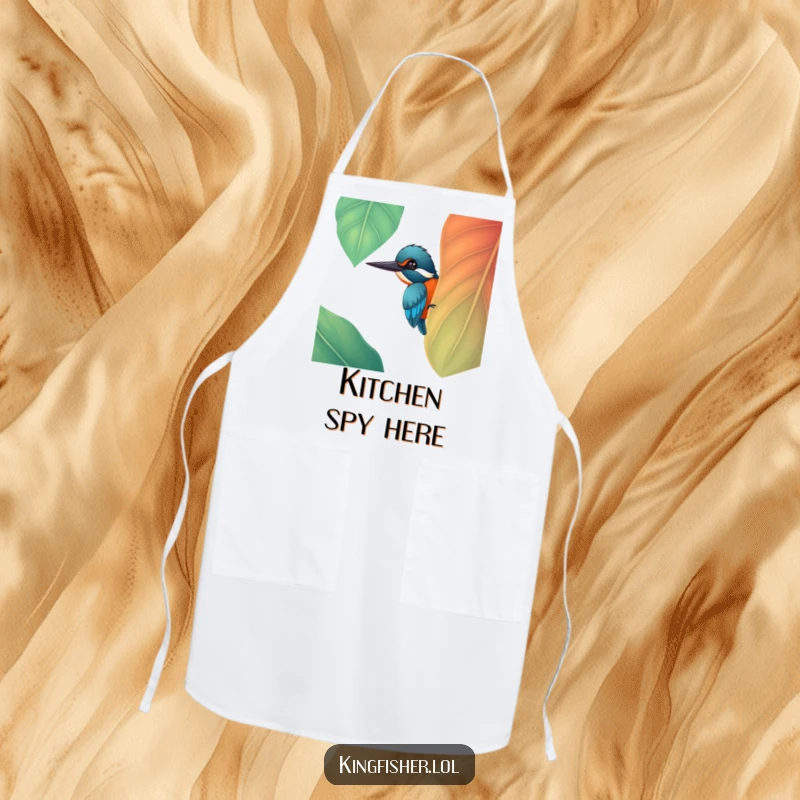 Funny cheerful kingfisher bird peeking from a large, colorful leaf on a durable apron, making cooking fun, a funny gift.