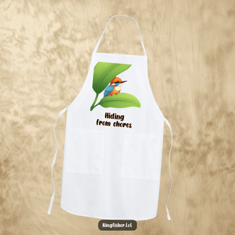 Funny Kingfisher Apron: A cute kingfisher peeking from behind a leaf, printed on a durable apron for a funny kitchen surprise.