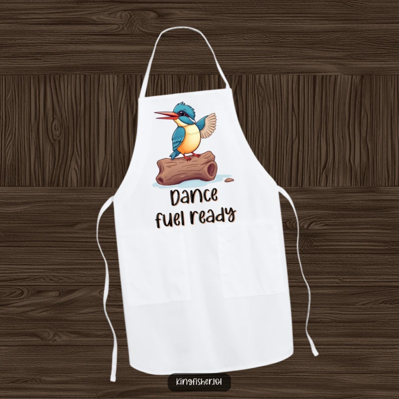 Funny Kingfisher Apron: An excited bird dancing on a driftwood log, ready for kitchen celebrations.