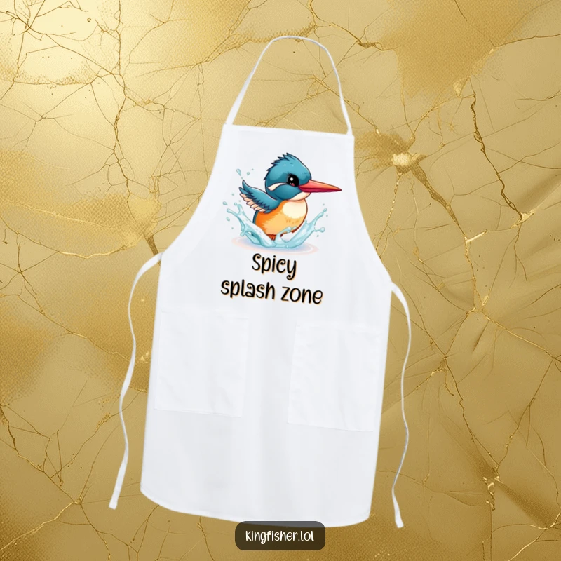 Funny Kingfisher Apron: An energetic bird playfully splashing water with its beak, ready for kitchen fun and spills.