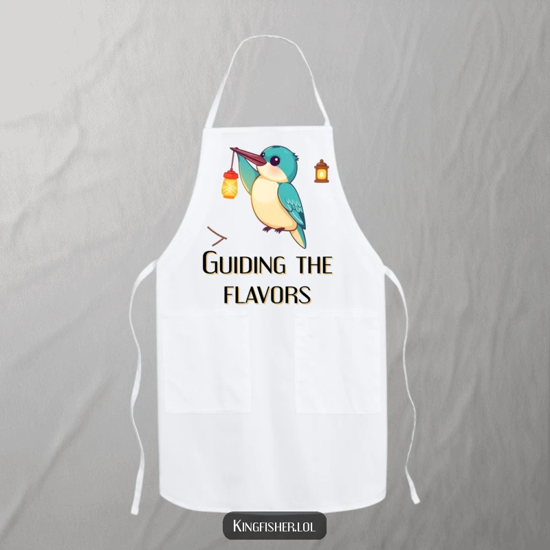 Funny Apron: A delighted kingfisher bird holding a tiny, glowing lantern, perfect for adding illuminated humor to kitchen tasks.