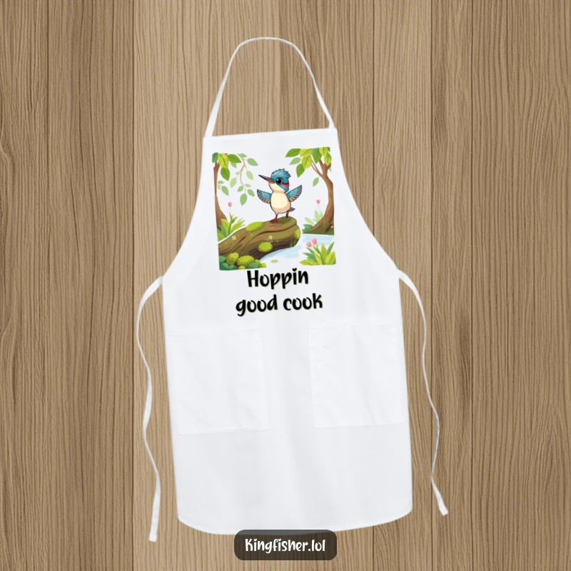Funny Playful Kingfisher Apron: A playful kingfisher bird hopping excitedly on a mossy log.