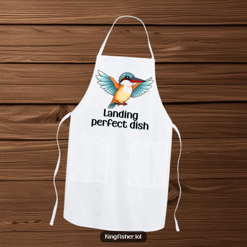 Funny Graceful Kingfisher Apron: A cute kingfisher bird with outstretched wings preparing for a funny landing.