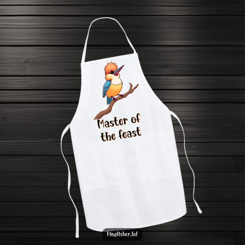 Proud Kingfisher Apron: A humorous apron showcasing a smiling kingfisher in a dramatic pose on a twisted branch, ready for culinary adventures.