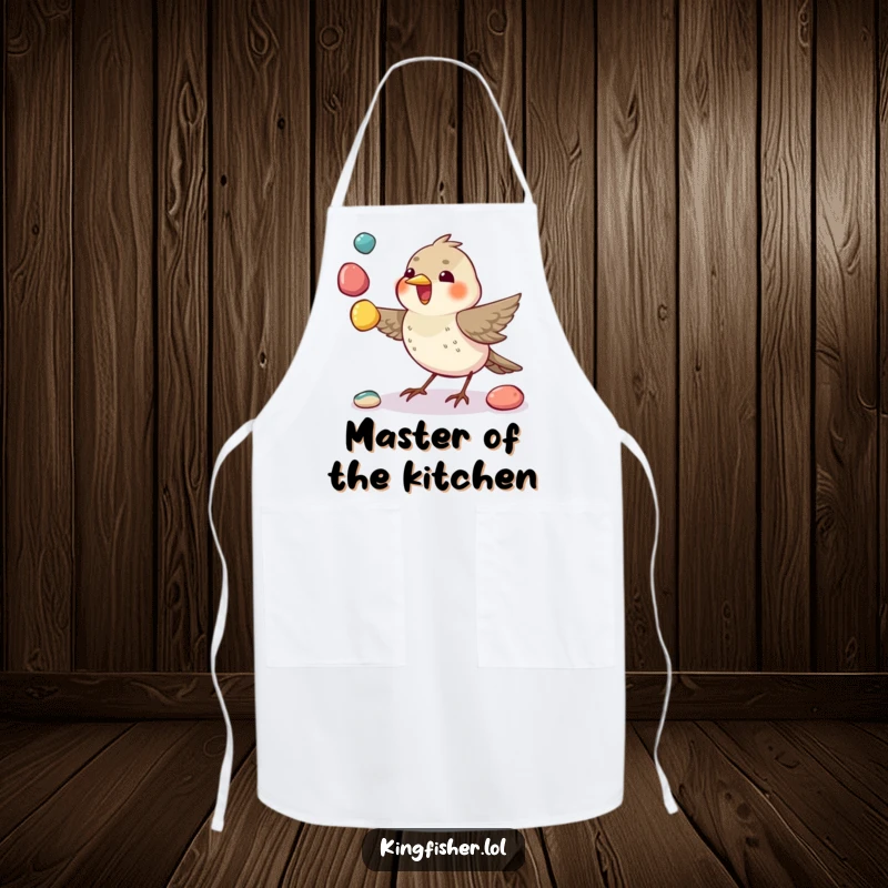Skilled Juggling Bird Apron: A bird juggles colorful pebbles, showcasing dexterity while wearing this kitchen apron.