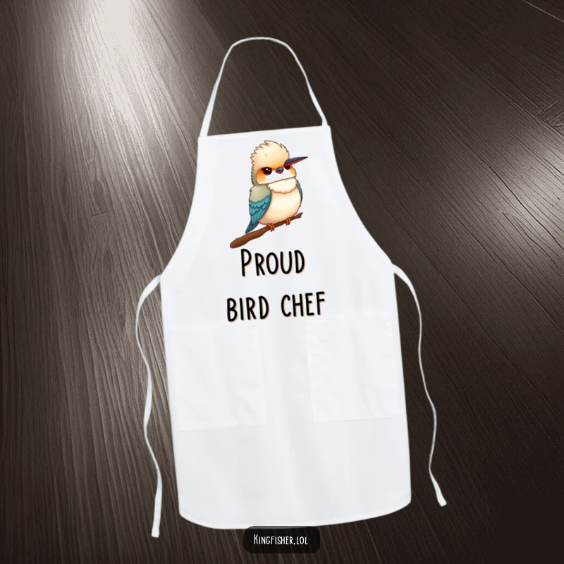 Funny Proud Kingfisher Apron: A fluffy kingfisher bird puffing its chest proudly in a comical kitchen accessory.