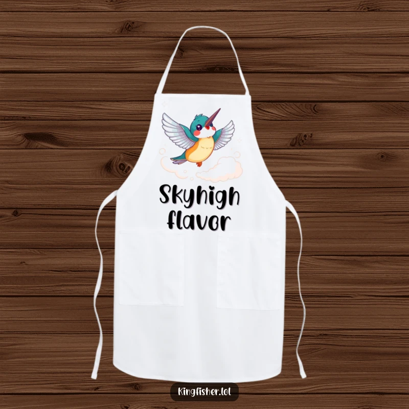 Funny Kingfisher Apron: A cheerful kingfisher bird with flapping wings soars joyfully through a wispy cloud, kitchen fun.