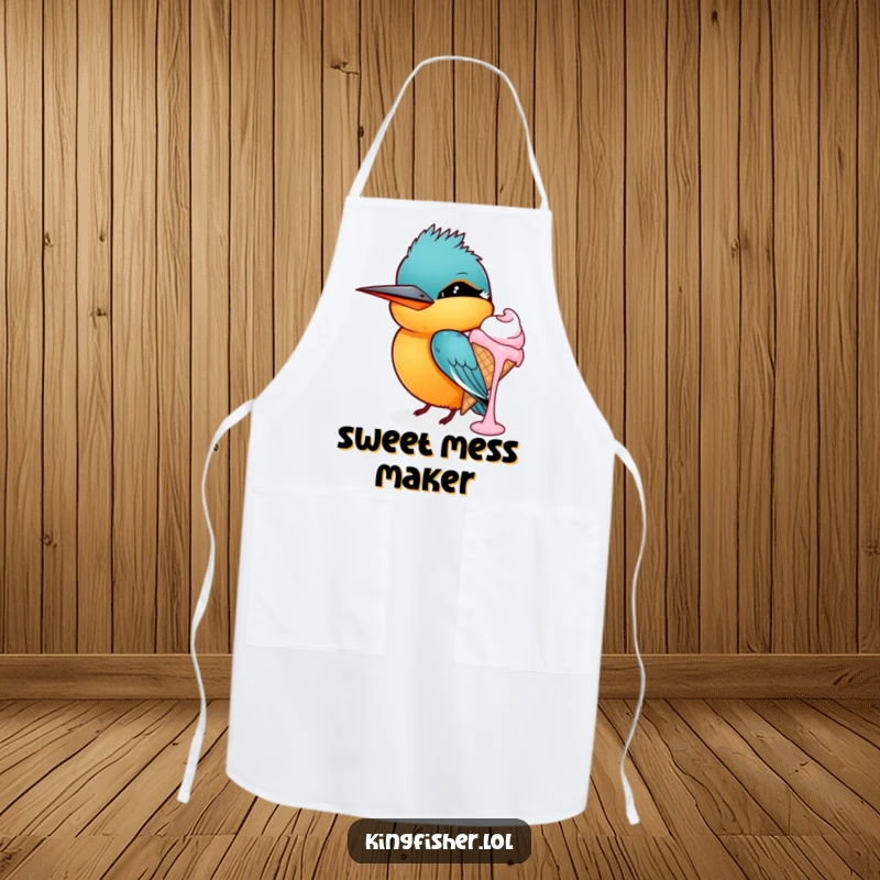 Funny kingfisher apron, a bird winking while holding a dripping ice cream cone, humorous kitchenware, great for cooking.