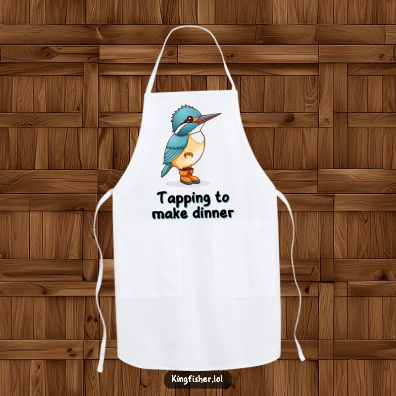 Funny kingfisher wearing tiny boots, tapping its foot while cooking, on a humorous kitchen apron, a delightful accent.