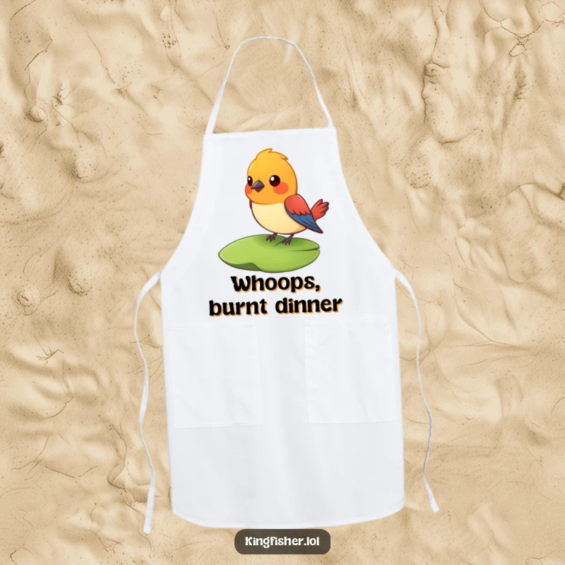Funny Surprised Bird Apron: A colorful bird looks surprised on a lily pad. A funny and practical kitchen accessory.