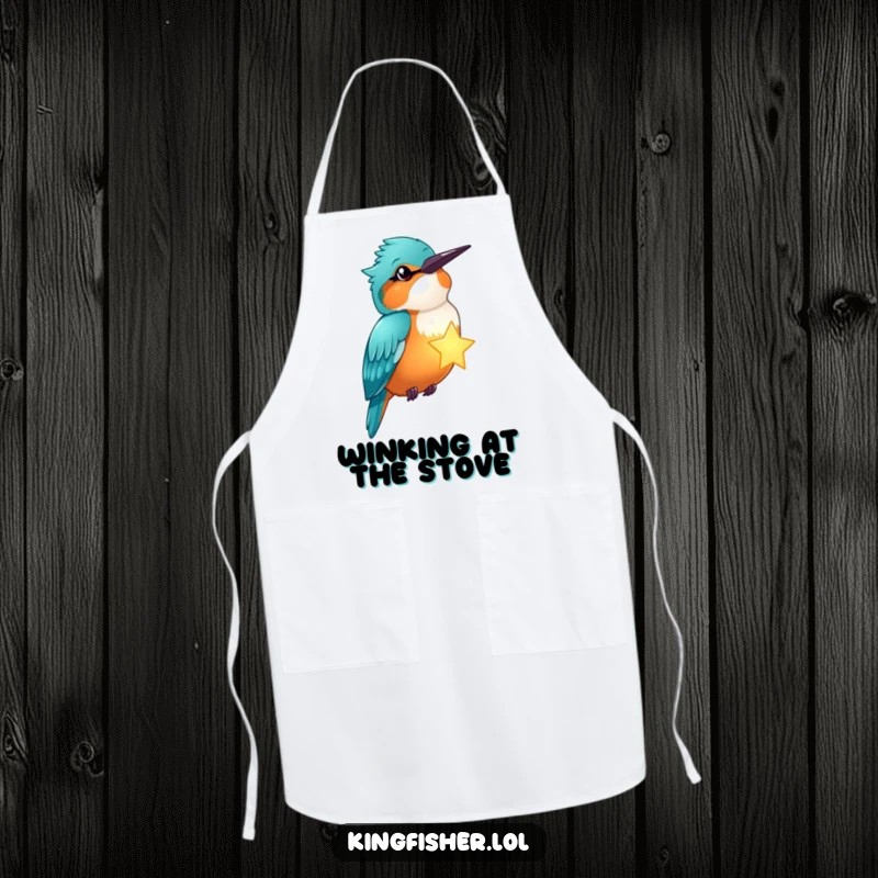 Funny kingfisher winks, holding a glowing star, on a kitchen apron, a magical and humorous cooking accessory.