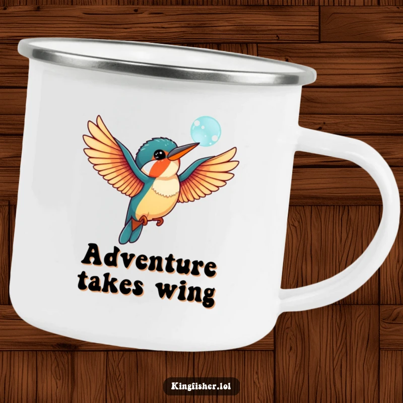 Funny kingfisher bird camping mug with outstretched wings, playfully chasing a bubble, perfect for enjoying drinks outdoors with humor.