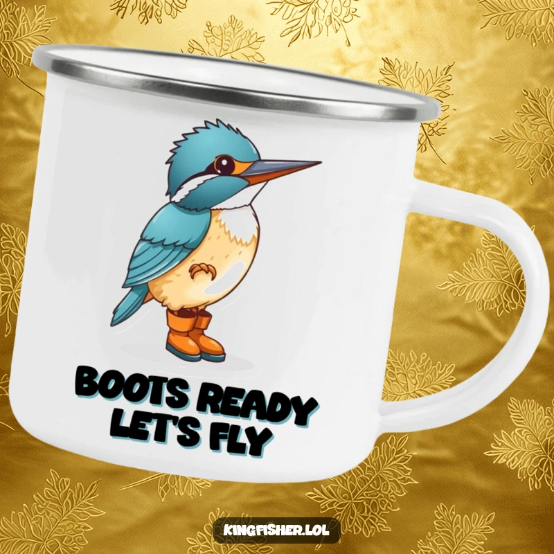 Funny kingfisher wearing tiny boots, tapping its foot, on an enamel camping mug, for adventurous, humorous outings.