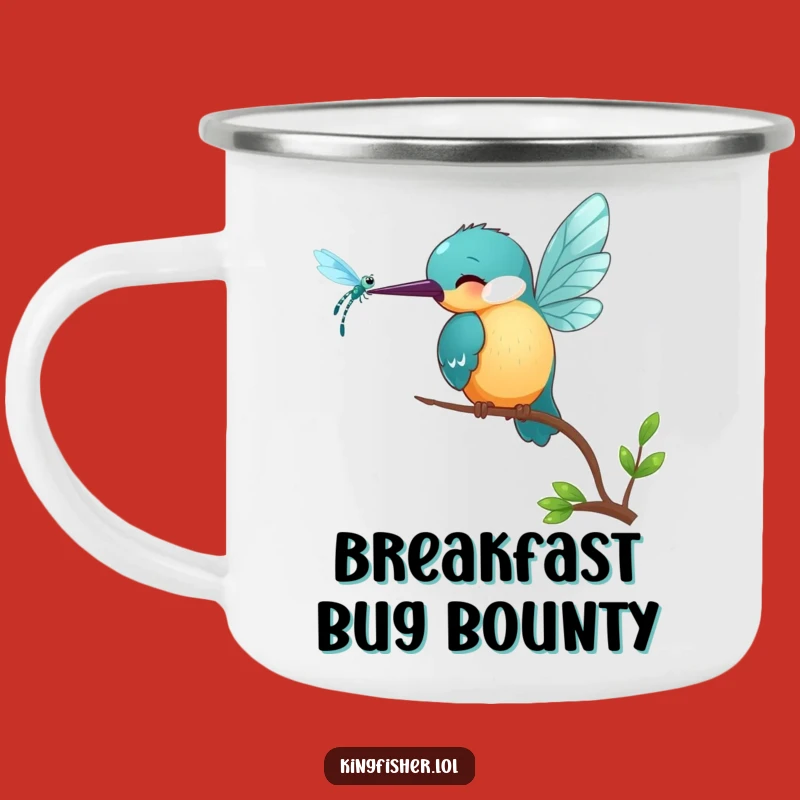 Funny Kingfisher Camping Mug: Playful Bird & Bug Scene, Rugged Funny Gift