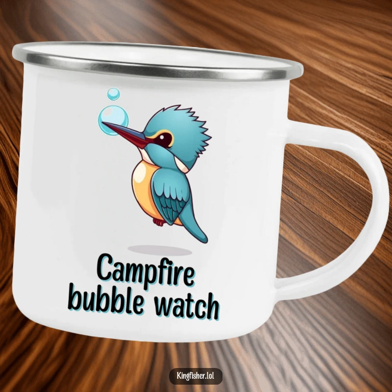 Funny Kingfisher Camping Mug: A kingfisher curiously watching a bubble, designed on a rugged mug for funny outdoor moments.