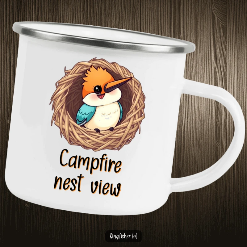Funny Kingfisher Camping Mug: A curious bird with a grin peeking from a woven nest, ready for adventure.
