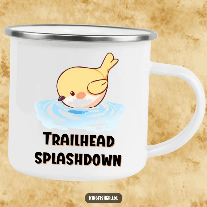 Funny Bird Dive Camping Mug: A humorous bird dives into shimmering blue water. Durable and funny for adventures.