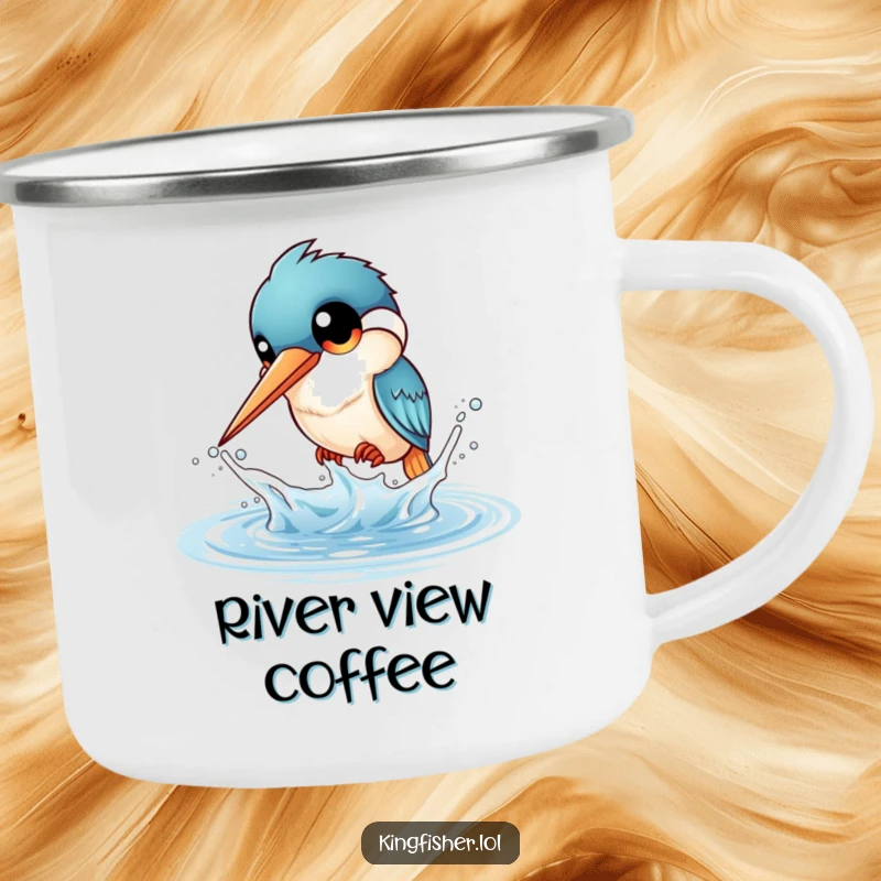 Funny Kingfisher Splash Camping Mug: A kingfisher with large eyes playfully splashes water. Durable and funny for adventures.