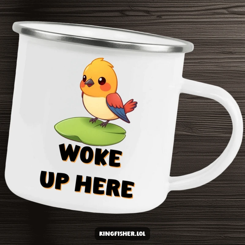 Funny Surprised Bird Camping Mug: A colorful bird looks surprised on a lily pad. Durable and funny for camping.