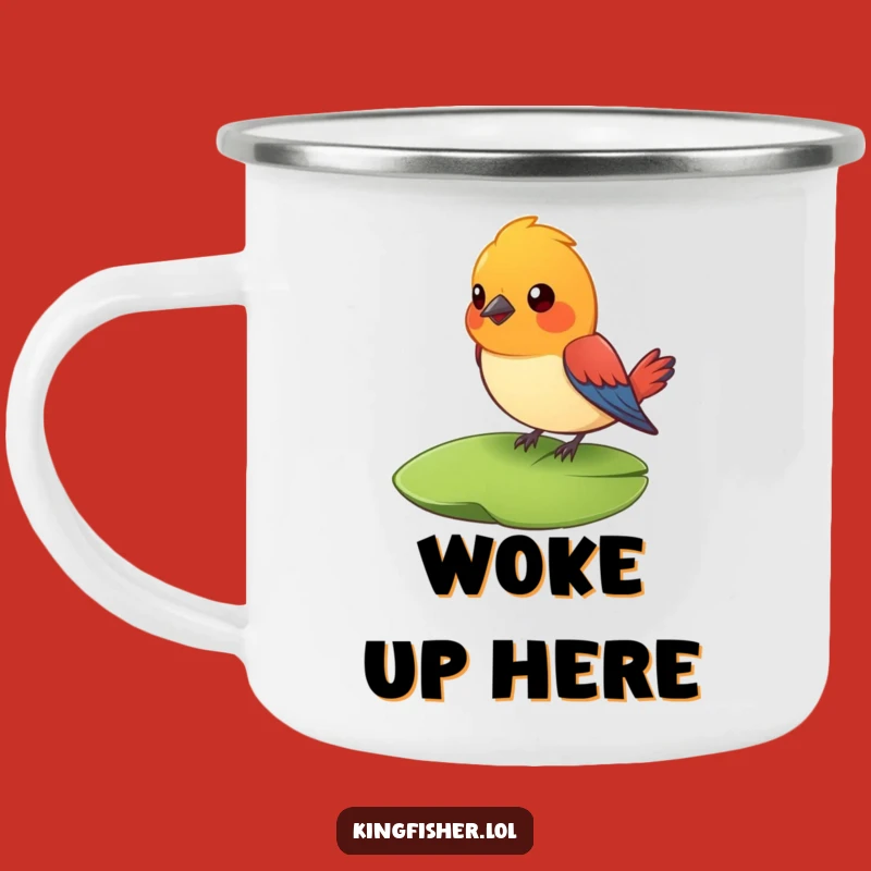 Durable Funny Surprised Bird Camping Mug: Adventure with Lily Pad Surprise