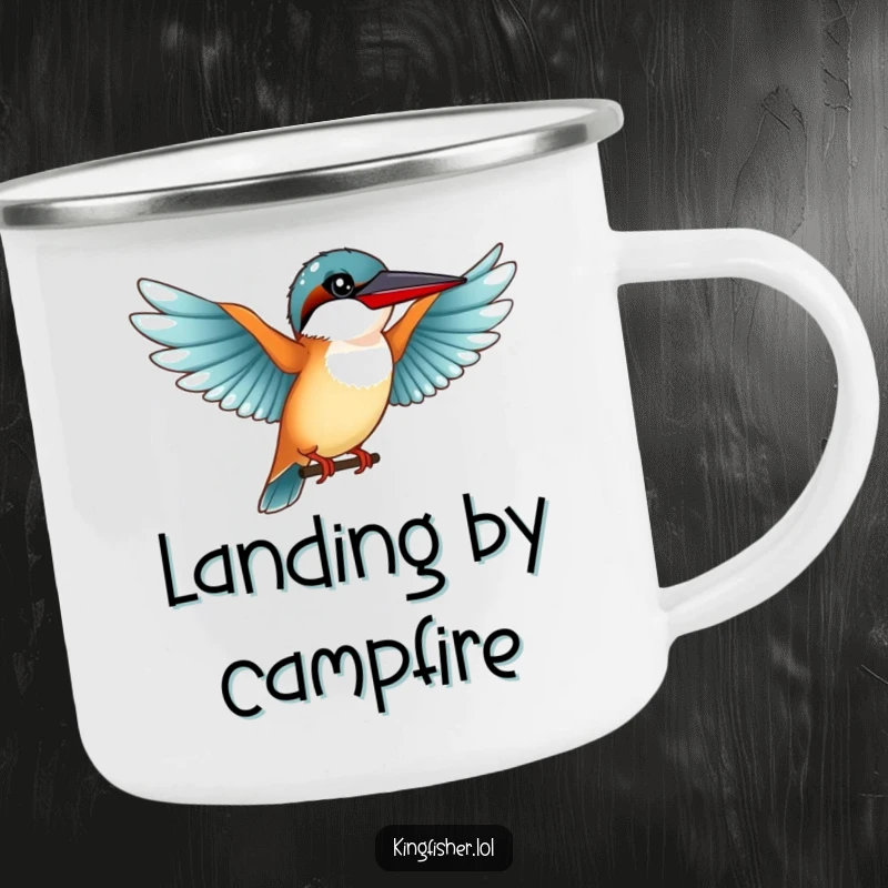 Funny Graceful Kingfisher Camping Mug: A cute kingfisher bird with outstretched wings preparing for a funny landing.