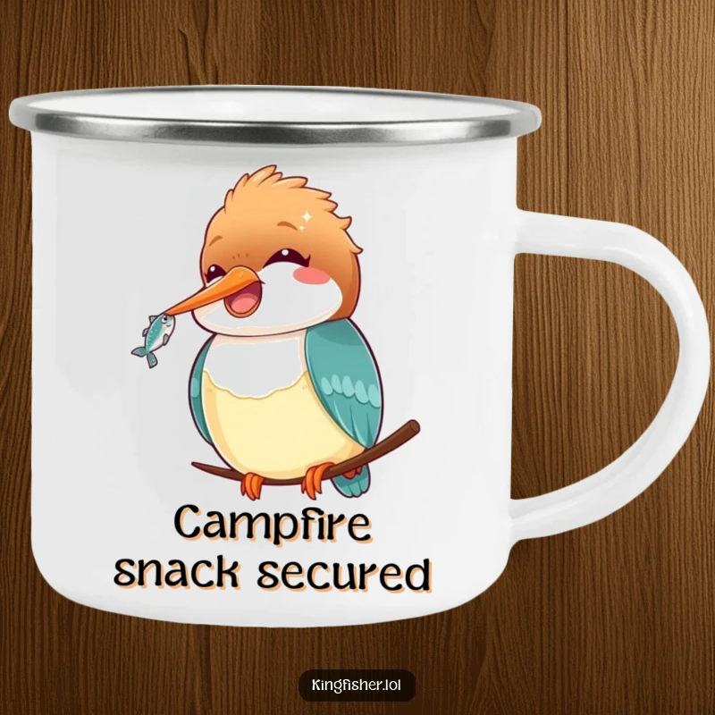 Funny Kawaii Kingfisher Camping Mug: A cute kingfisher with a fish, designed on a rugged mug for funny campfire moments.