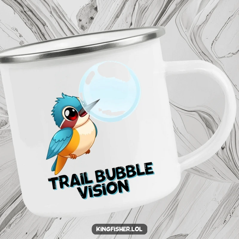 Funny kingfisher enamel camping mug, bird with wide eyes chasing a large bubble, ideal for outdoor adventures.