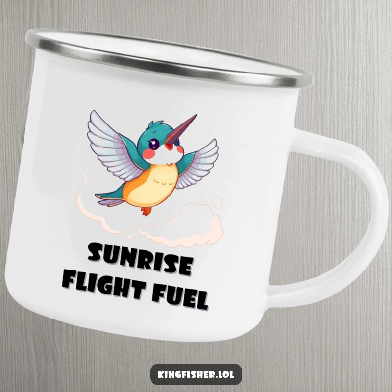 Funny Kingfisher Camping Mug: A cheerful kingfisher bird with flapping wings soars joyfully through a wispy cloud.